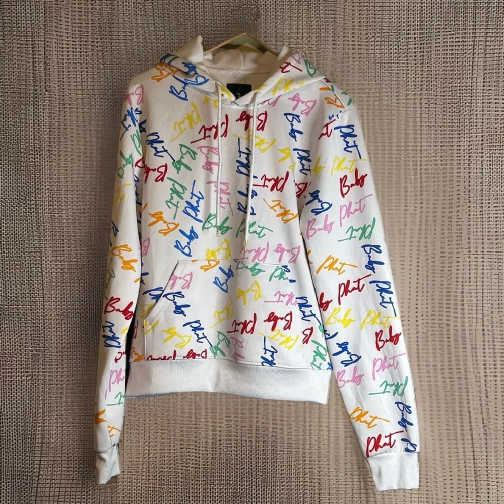Women’s Iconic Hiphop Baby Phat White Hoodie With Multicolor Logos 1X fit as M